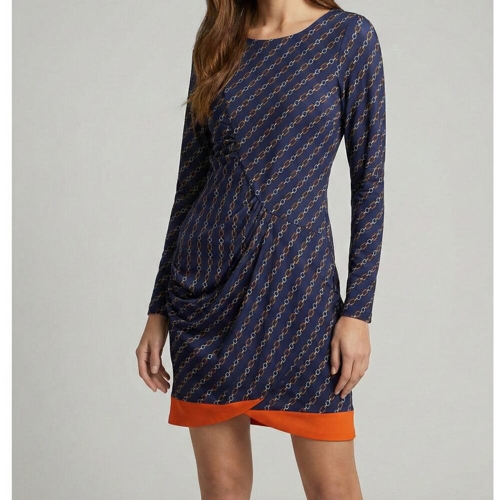 JB by Julie Brown NYC Small Blue Red Dress L/S Rope Chain Pattern Polyester